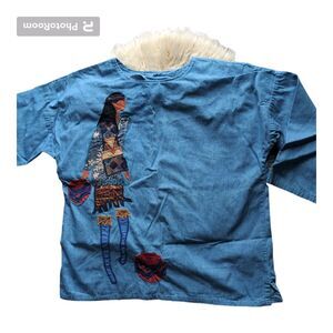 Alfredo's Wife Denim Southwestern Native American Woman Applique Blouse Size XS